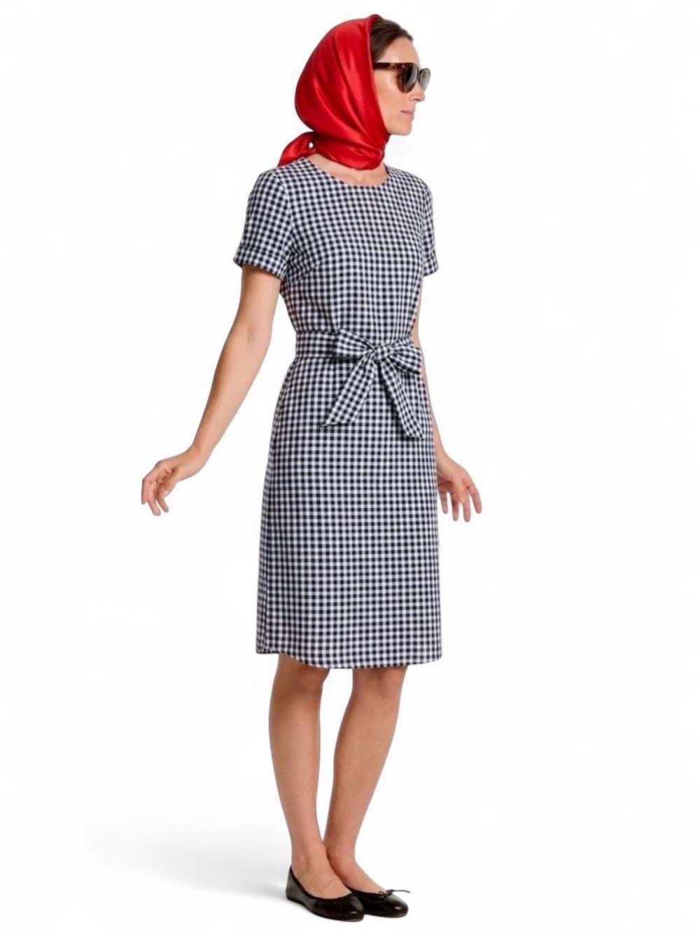 J.MCLAUGHLIN $198 Sadie Gingham Navy/White Linen Tie Waist Dress Sz Small Resort